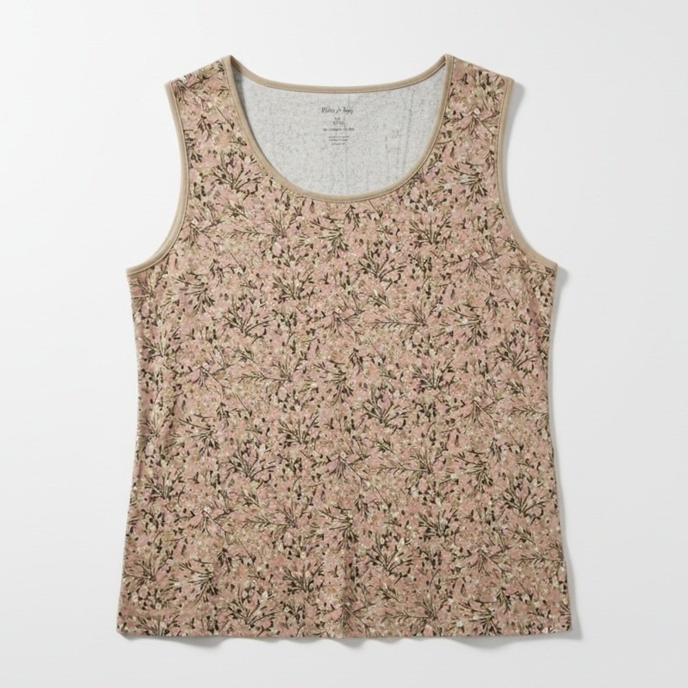 White Stag Womens Floral Tank Top Tan Pink Cotton Sleeveless Scoop Neck L 12-14